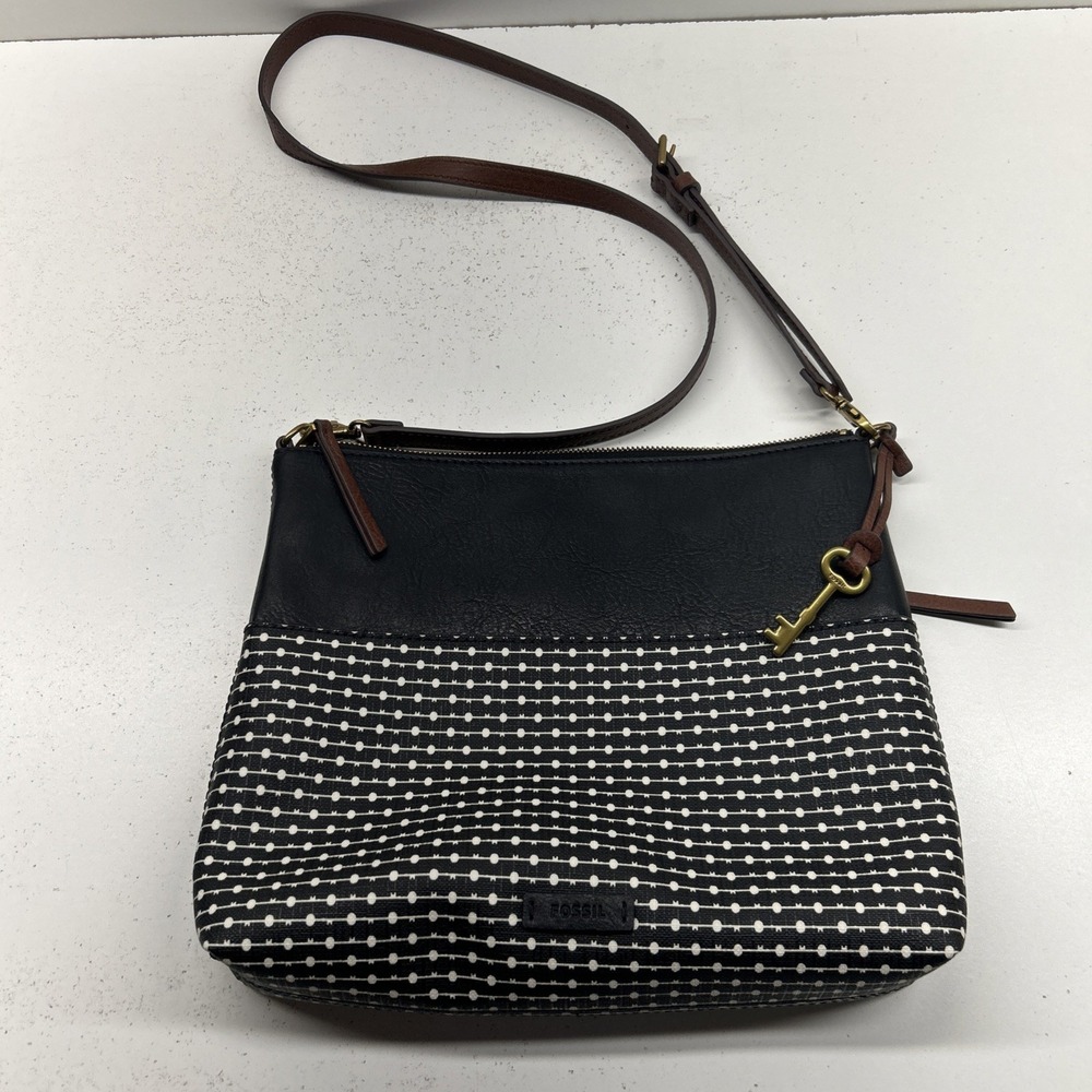 FOSSIL Fiona Striped Crossbody Black White Geometric Key Shoulder Bag Purse